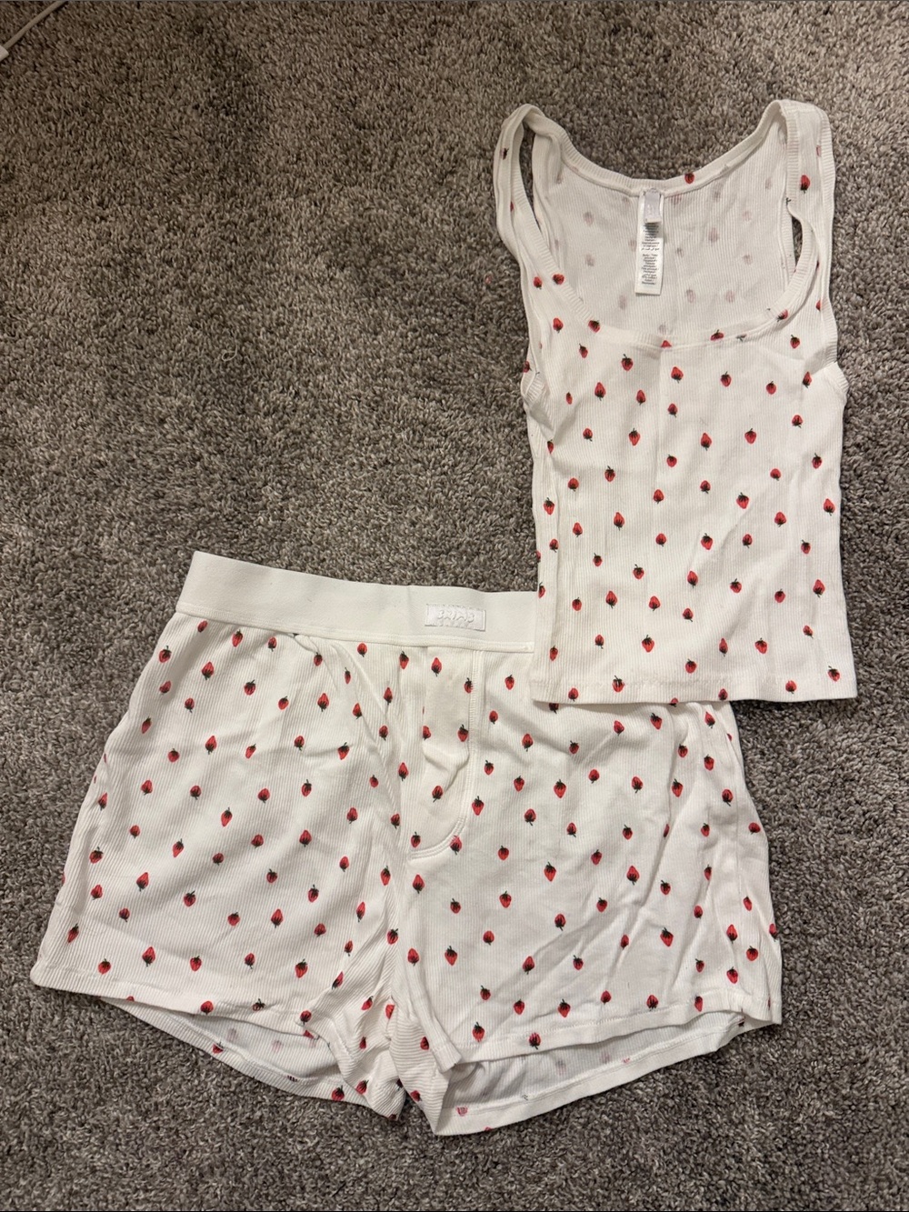 SKIMS White Ribbed Tank & Strawberry-Print Sleep Shorts Set